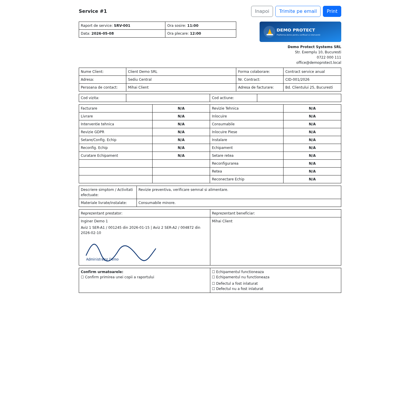 Raport de service generat din informațiile completate în teren